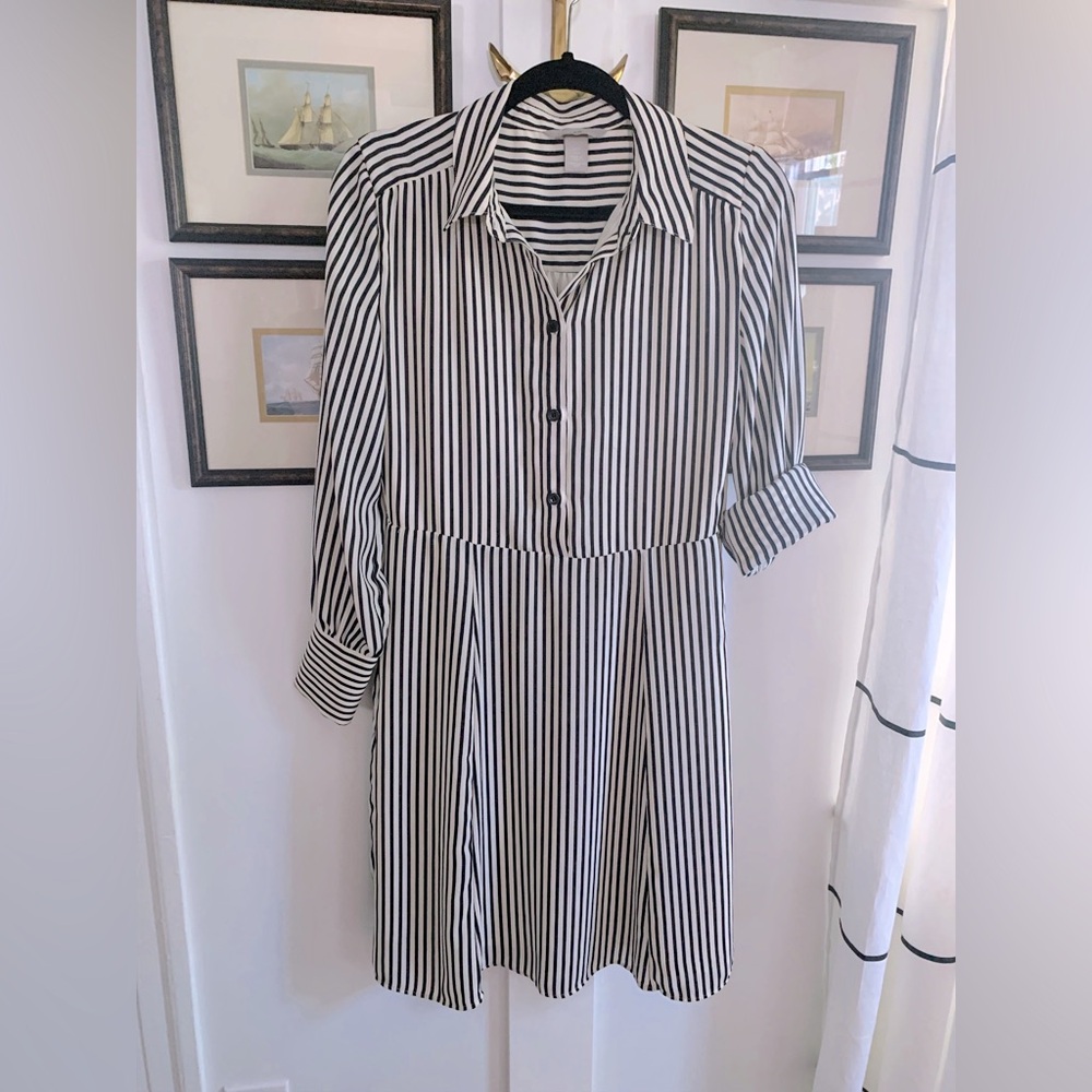 H&M Black & White/ Cream Striped Shirt Dress Lined Size S